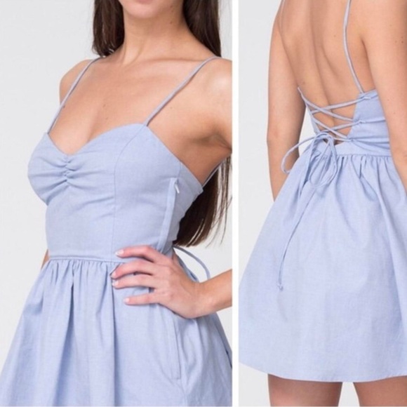 OASAP | Lace Up Strappy Tie‎ Up Backside Sweetheart Denim Dress - Picture 3 of 8